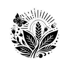 Intricate black and white floral design within a circle, featuring butterfly, wheat stalk, leaves, sunburst effect.