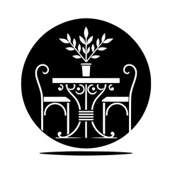 Elegant Black and White Restaurant Logo Depicting a Table, Two Chairs, and Plant in a Circular Frame.