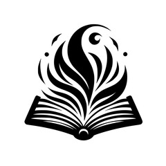 A stylized open book with a stylized, upward-flowing flame/feather design symbolizing knowledge and wisdom, set against a minimalist white background.