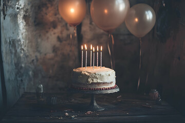 Elegant birthday cake with candles and balloons for a sophisticated celebration