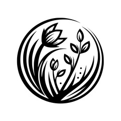 Encircled Floral Bloom: Monochromatic Botanical Art