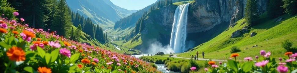 Obraz premium Valley floor covered in wildflowers as misty waterfall cascades down mountain slope into serene environment, wildlife, waterfall