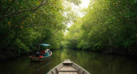 Tropical Mangrove Canal With Small Boat