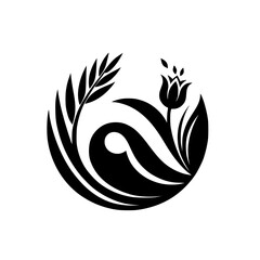 Flourishing Floral Emblem: Wheat and Tulip in Black Silhouette