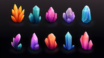 Fototapeta premium Collection Of Various Colorful Glowing Crystals Pixel Art