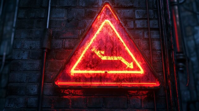 Bright red warning sign indicating a sharp turn on a dark brick wall