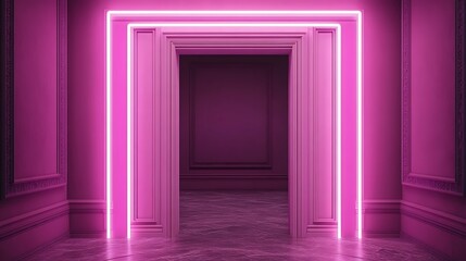 A glowing pink doorway illuminated by sleek fluorescent lights