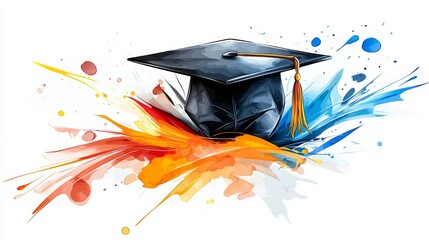 Colorful graduation cap with splashes of paint in vibrant hues