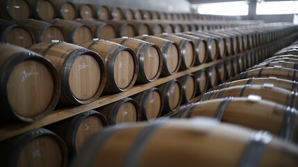 Rows of wooden wine barrels stacked in a cellar for aging