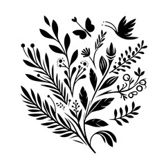 Silhouetted Serenity: Black & White Floral Arrangement with Butterfly and Hummingbird