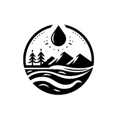 Serene Monochrome Landscape: Mountains, Trees, Water & Rain