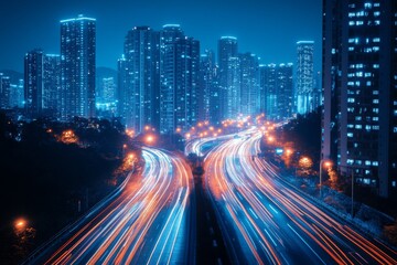 City traffic at night captured in long exposure showing motion blur of lights