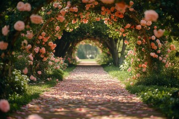 Romantic garden pathway covered in blooming roses and floral arch at sunset