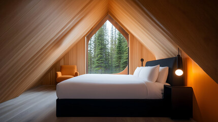 Cozy Glamping Cabin Bedroom with Pine Tree View