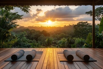 Sunset view from wooden terrace with yoga mats and scenic background