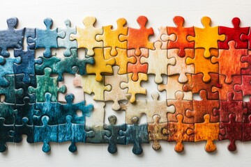 Colorful jigsaw puzzle pieces scattered on blue background