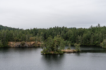 Obraz premium Thetis lake at Thetis Lake Regional Park calm water and overcast day