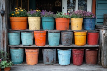 Fototapeta premium Colorful flowerpots on wooden shelf outside rustic flower shop