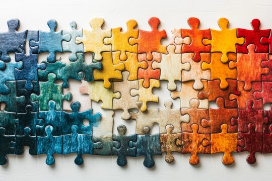 Colorful jigsaw puzzle pieces scattered on blue background