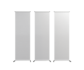 Three blank white roller banner stands for trade show marketing and advertising transparent backgroundon transparent background