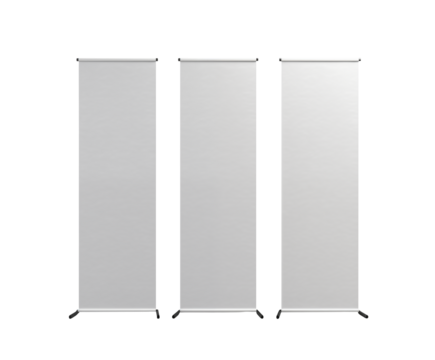 Three blank white roller banner stands for trade show marketing and advertising transparent backgroundon transparent background
