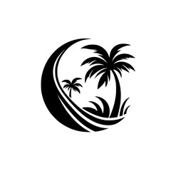 Monochrome Paradise: Tropical Logo with Palm Trees & Waves