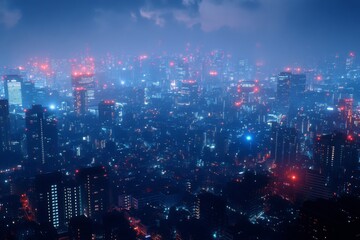 Fototapeta premium City skyline at night with illuminated buildings and distant horizon