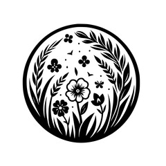 Floral Black and White Medallion: Nature's Embrace