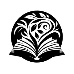 Knowledge Blooms: Book & Growing Plant Symbol in Monochrome