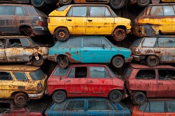 Stack of colorful old cars piled up in junkyard under sunlight