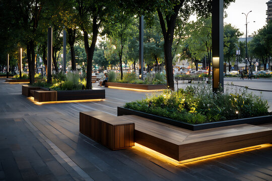  a contemporary urban plaza with outdoor seating and green spaces
