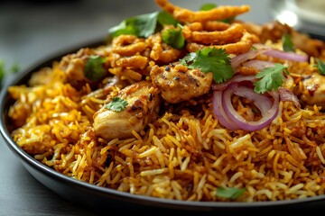 A beautiful plate of chicken biryani, with tender chicken pieces, aromatic rice, and a garnish of fried onions and coriander leaves