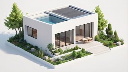Fototapeta premium A small modern minimalist house isometric perspective,&nbsp;3D model miniature