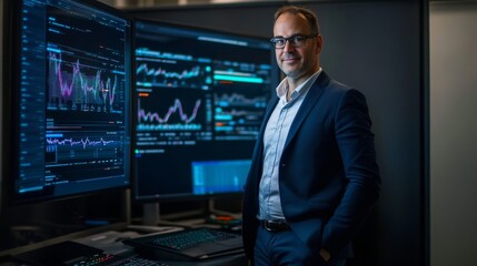 A digital asset manager designing AI powered decentralized finance platforms, futuristic financial research center with real-time ledger tracking, High-tech style