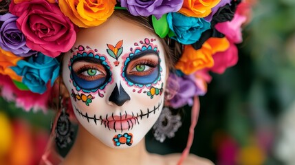 Beautiful woman with vibrant sugar skull makeup and floral crown