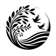 Silhouette of Nature's Embrace: Birds, Leaves, and Flowing Lines