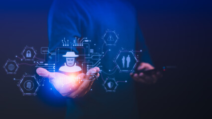Person holding a smartphone with a glowing detective icon and cybersecurity symbols, Concept of online privacy, security cyber threats, data breaches, hacking and technology digital security risks.