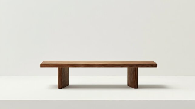 A minimalist bench in natural walnut wood with clean rectangular lines and no upholstery