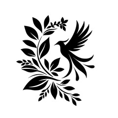 Silhouette of Soaring Bird Surrounded by Foliage: Elegant Black & White Design