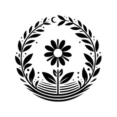 Botanical Crest: Daisy, Leaves, and Crescent Moon Motif