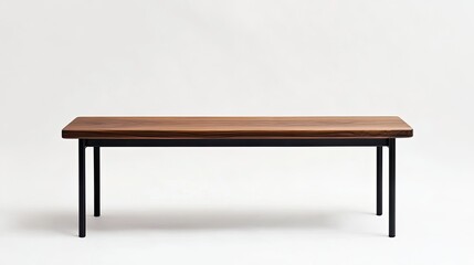 Fototapeta premium A minimalist hallway bench with a black steel frame and a wooden seat in warm walnut brown