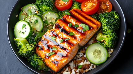 Delicious Grilled Salmon Bowl with Rice Broccoli and Vegetables