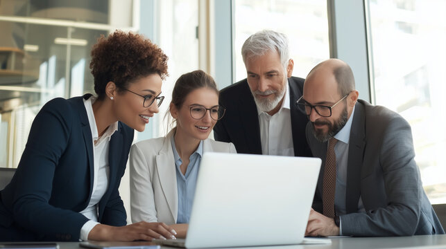 Teamwork and Focus: A diverse group of business professionals collaborate, intensely focused on a laptop screen, demonstrating unity and purpose within a modern office environment.