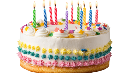 Pink birthday cake with candles and sprinkles on top