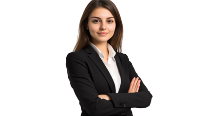 Professional young businesswoman smiling confidently in a suit with arms crossed on a white background