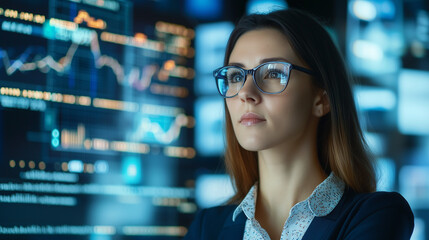 Visionary Analyst: A focused analyst with glasses surveys real-time data displayed on a collection of monitors, highlighting her expertise and strategic thinking.