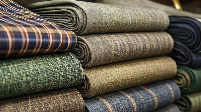 Colorful textile rolls stacked neatly in a fabric store showcasing various textures and patterns on display for customers