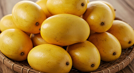 Fresh Ripe Mangoes In A Woven Basket