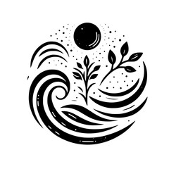Black & White Nature Mandala: Serene Waves, Plants, & Sky
