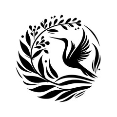 Circle of Flight: Minimalist Heron with Botanical Embrace